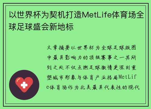 以世界杯为契机打造MetLife体育场全球足球盛会新地标 以世界杯为契机打造MetLife体育场全球足球盛会新地标